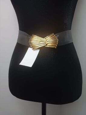Jennifer Moore Black Elastic Belt with Gold Bow Buckle